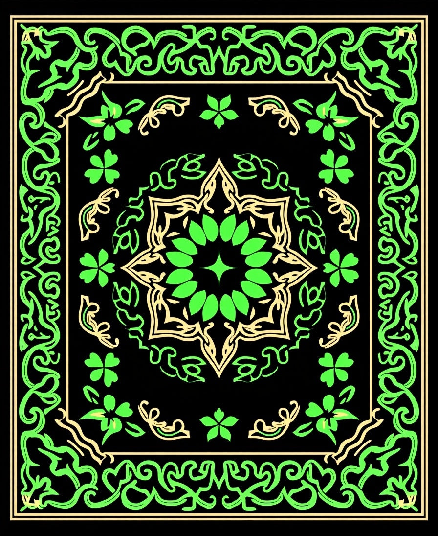 Emerald Black Starburst Floral Border Rug