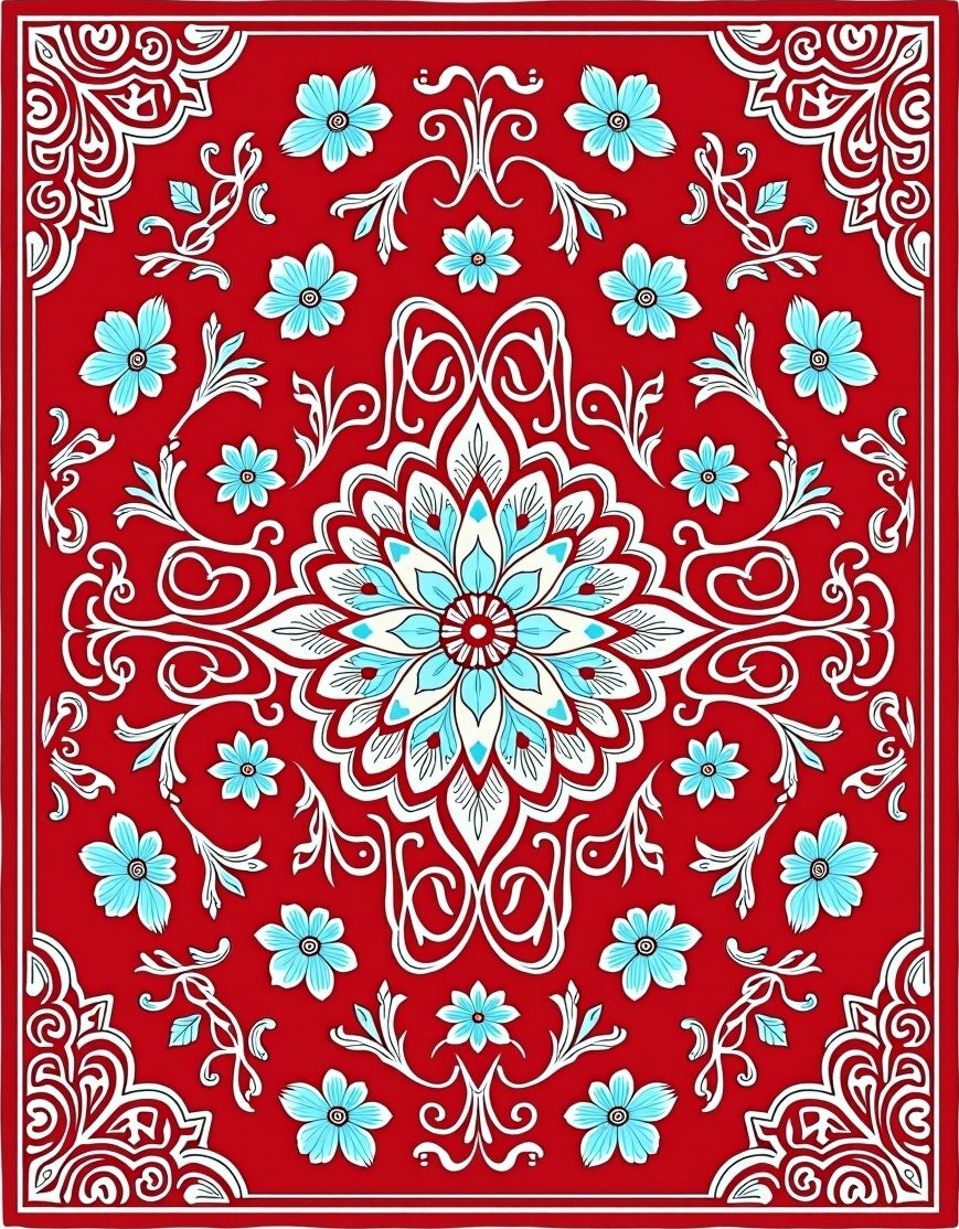 Vibrant Red Floral Medallion Art Rug