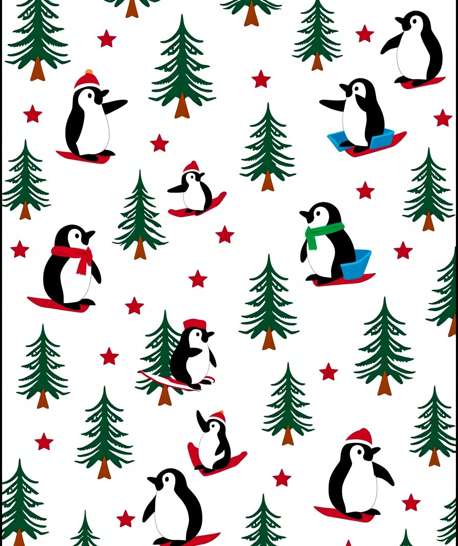 Whimsical Penguin Sledding Christmas Trees Rug