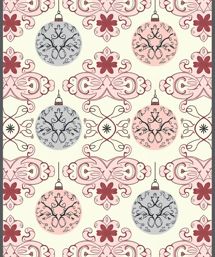 Pink Gray Festive Ornaments Repeating Pattern Rug