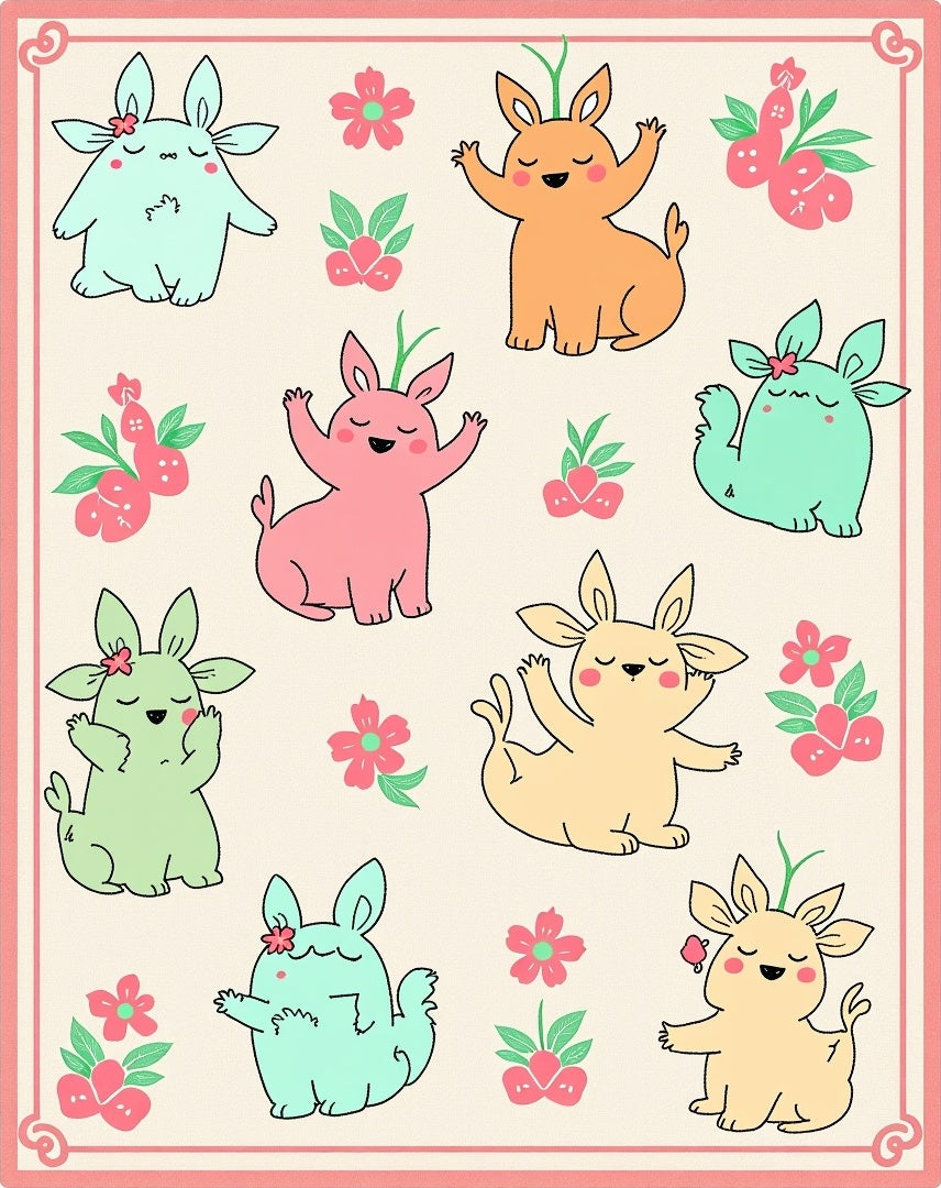 Whimsical Pastel Bunny Floral Scene Rug