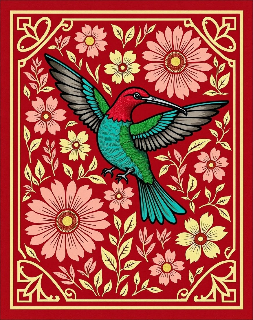 Whimsical Red Hummingbird Floral Border Rug