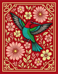 Whimsical Red Hummingbird Floral Border Rug