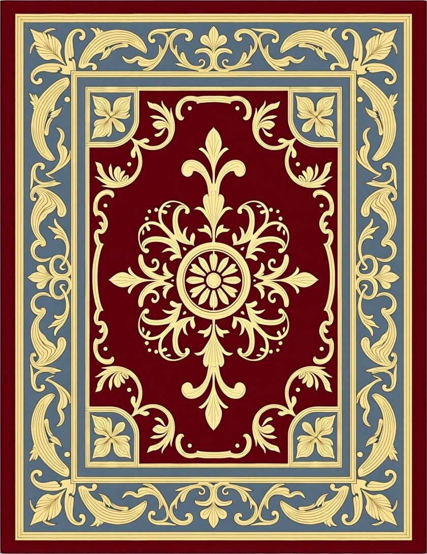 Crimson Golden Baroque Floral Border Rug