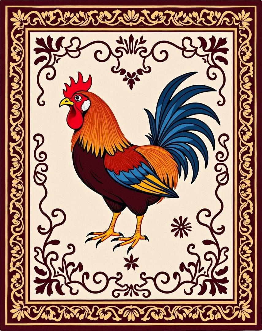 Vibrant Crimson Rooster Floral Border Rug