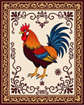 Vibrant Crimson Rooster Floral Border Rug
