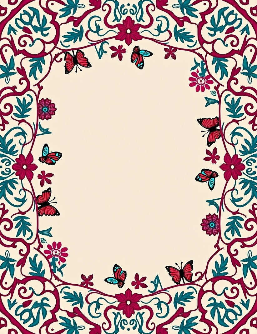 Crimson Teal Butterfly Floral Border Rug