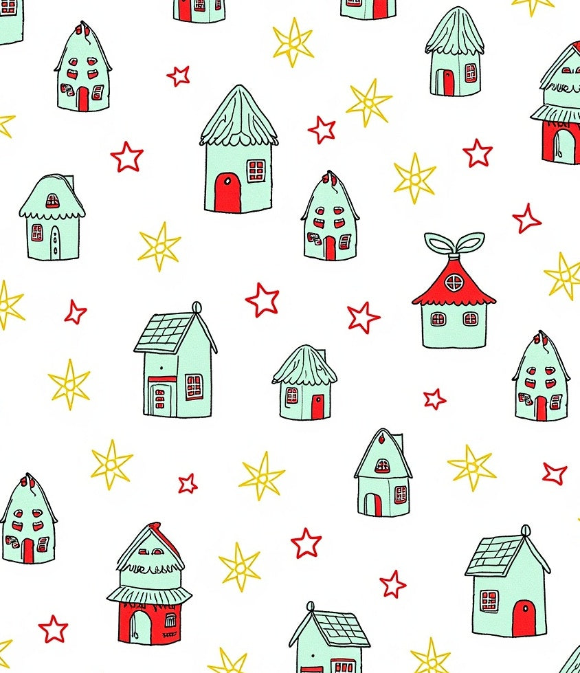 Whimsical Mint Red Houses Stars Rug