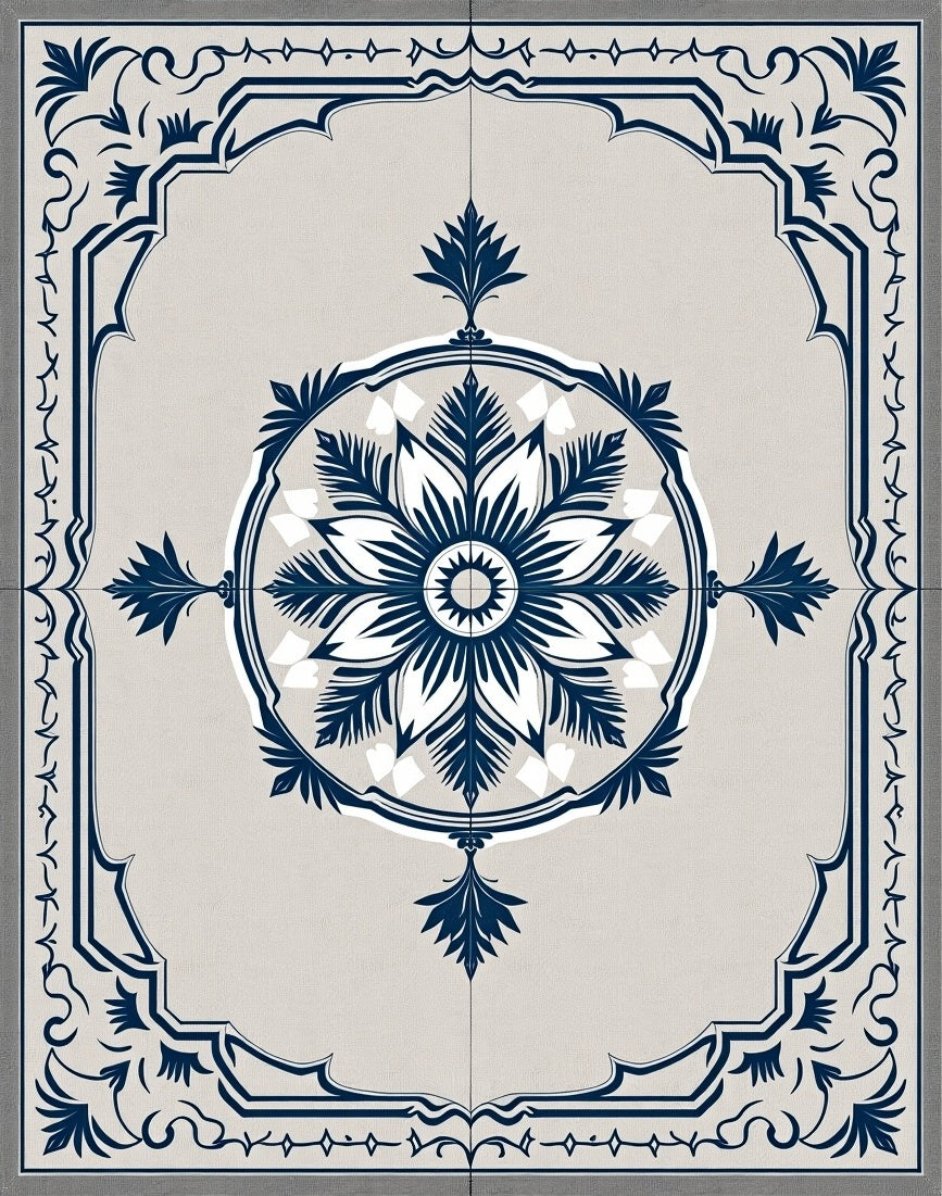 Navy Blue Floral Medallion Beige Rug