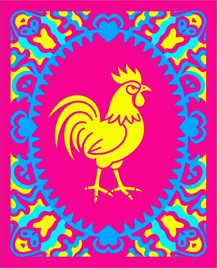 Bold Yellow Rooster Pink Border Rug