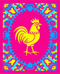 Bold Yellow Rooster Pink Border Rug