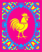 Bold Yellow Rooster Pink Border Rug