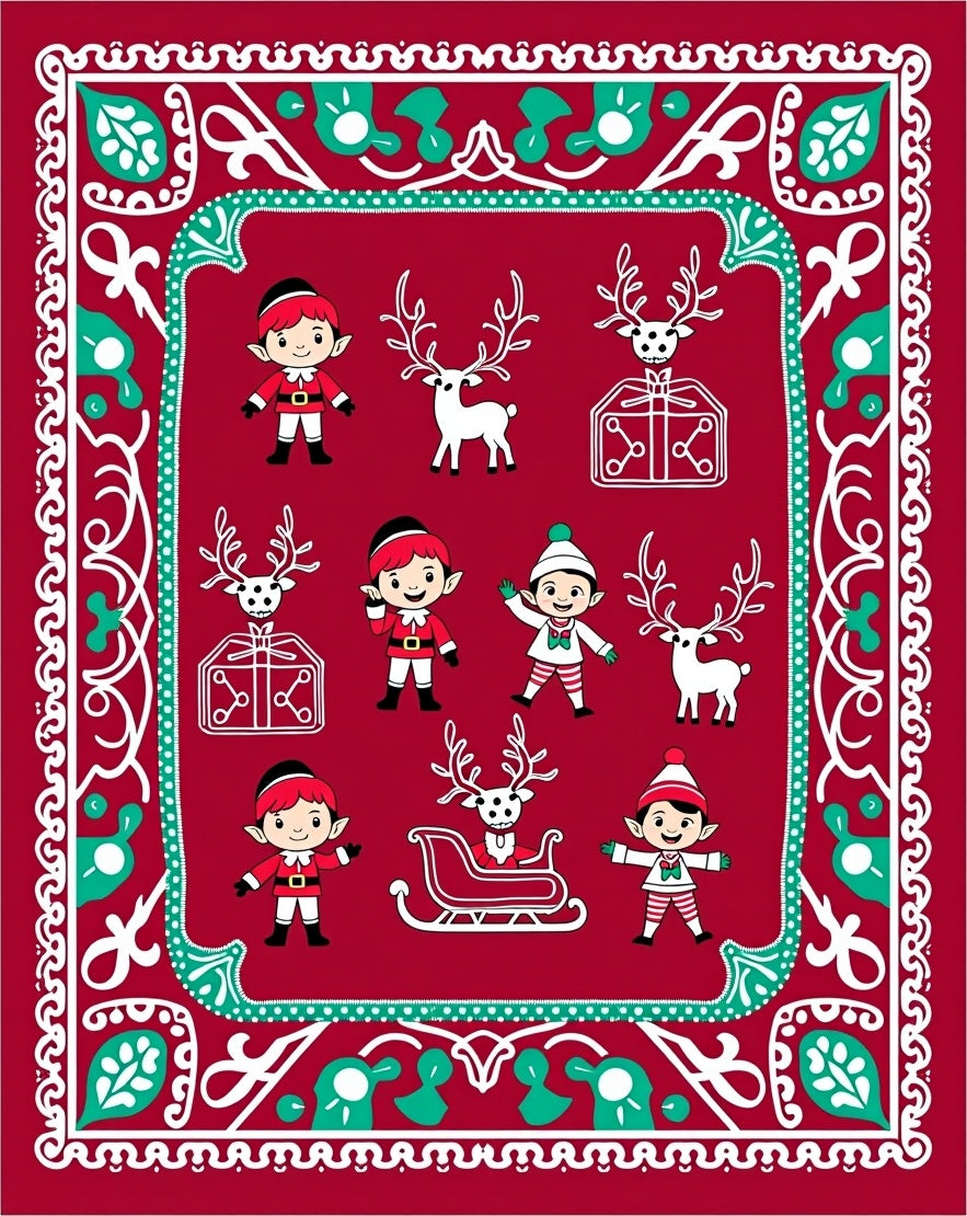 Christmas Elves Reindeer Sleigh Red Rug