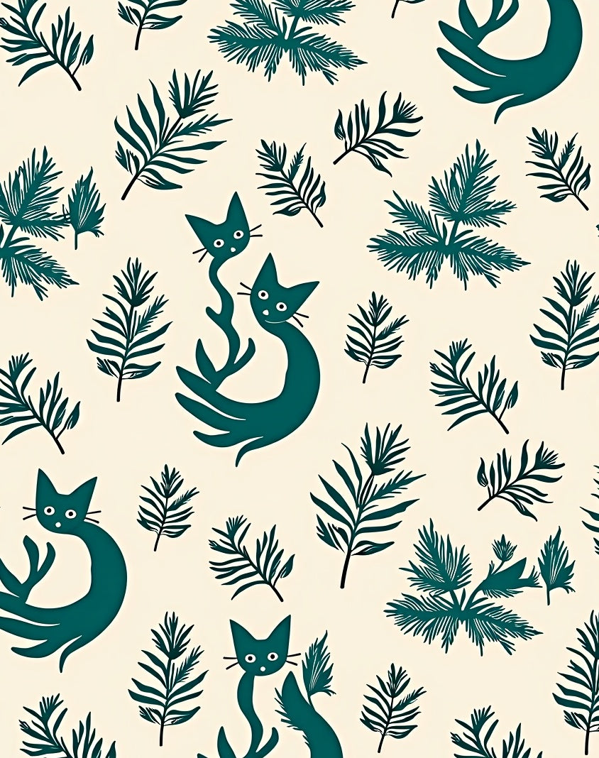Teal Whimsical Cats Tropical Ferns Rug