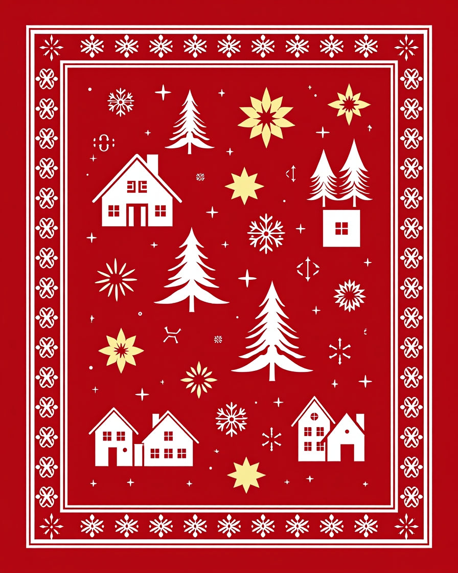 Crimson Winter Village Snowflake Trees Rug