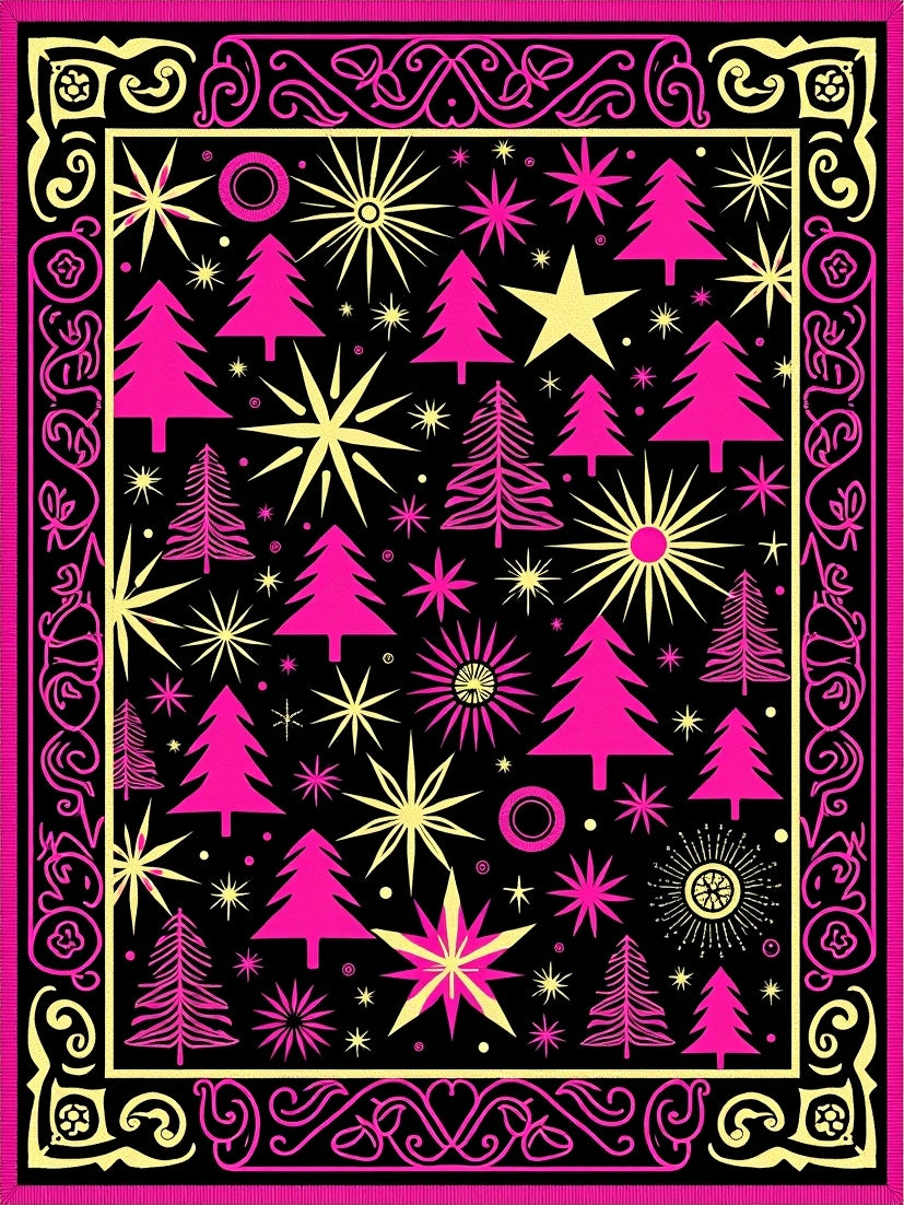 Hot Pink Trees Yellow Stars Border Rug