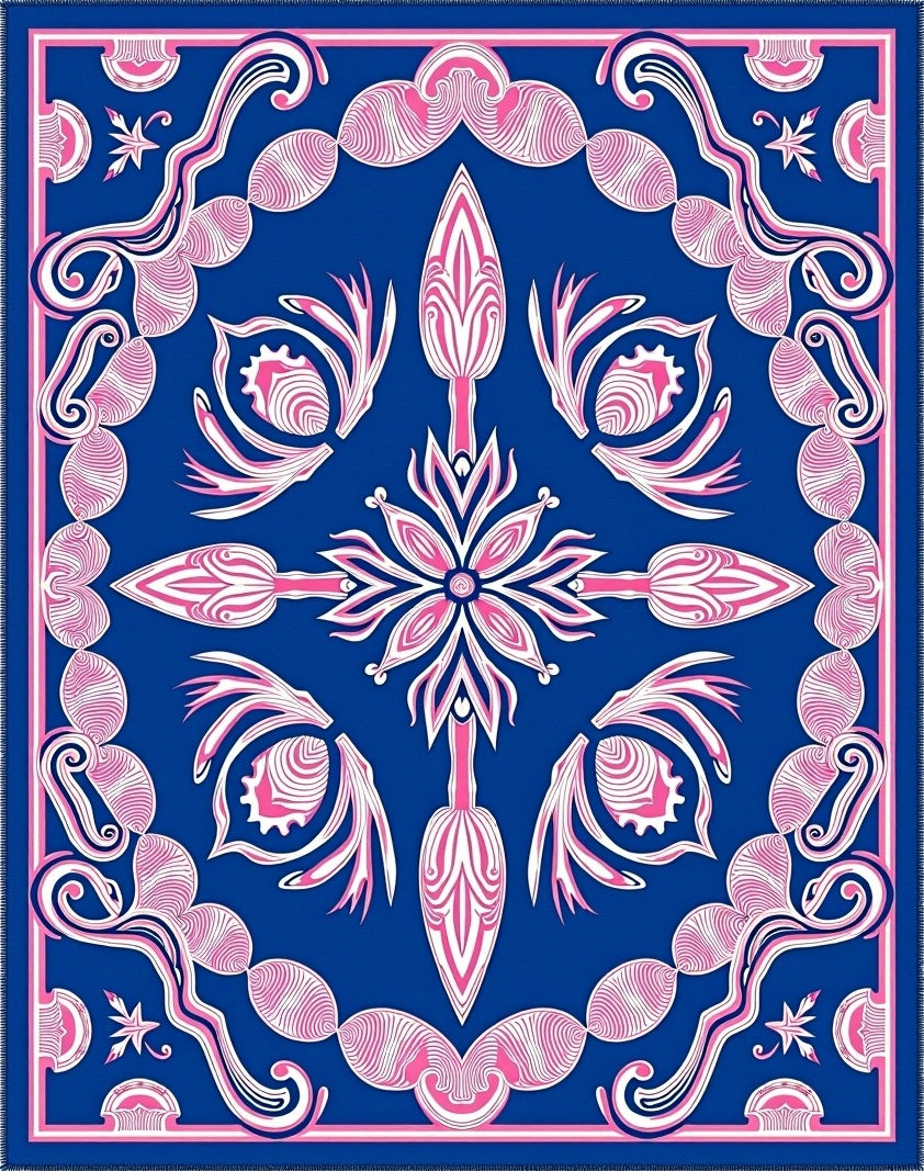 Electric Blue Pink Floral Medallion Rug