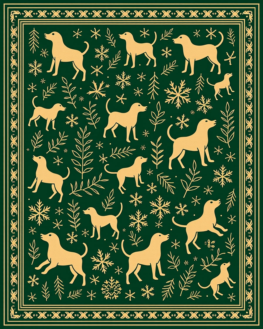 Golden Dogs and Snowflakes on Green Rug