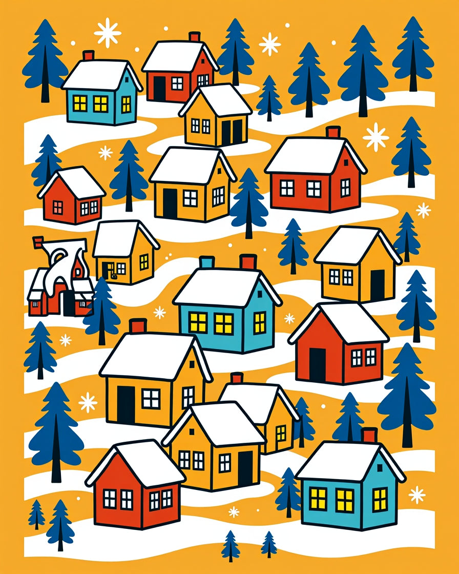 Cozy Winter Village With Snowflakes Houses Rug