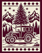 Crimson Vintage Car Evergreen Scene Rug