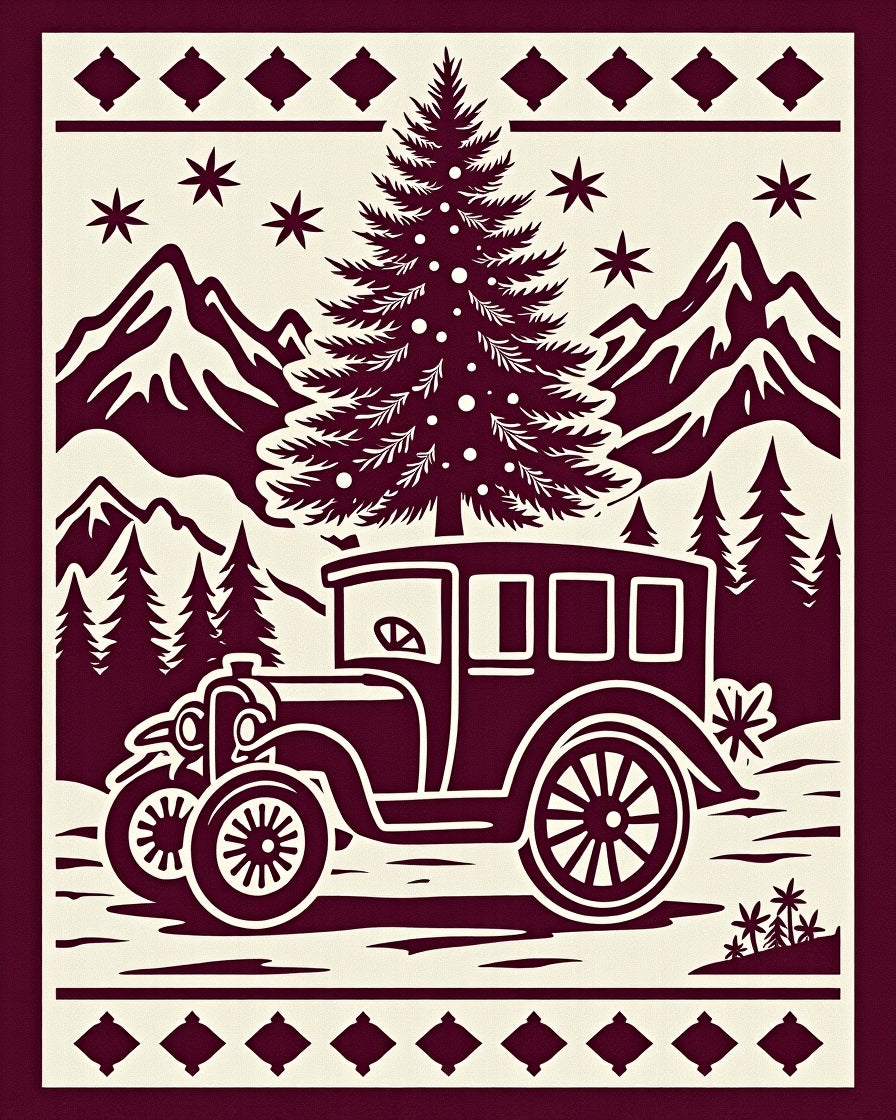 Crimson Vintage Car Evergreen Scene Rug