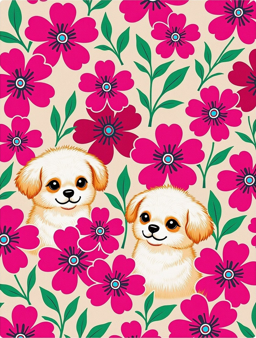 Playful Puppies Pink Floral Garden Rug