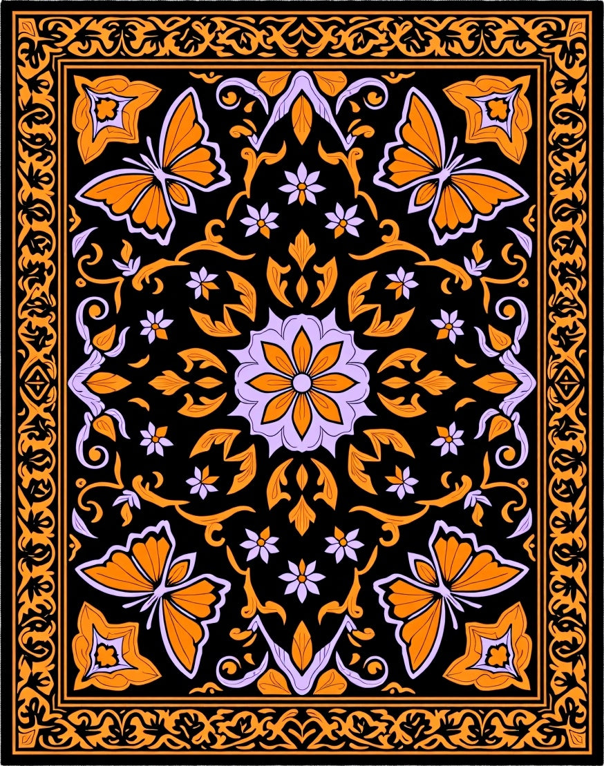 Orange Purple Butterfly Floral Medallion Rug