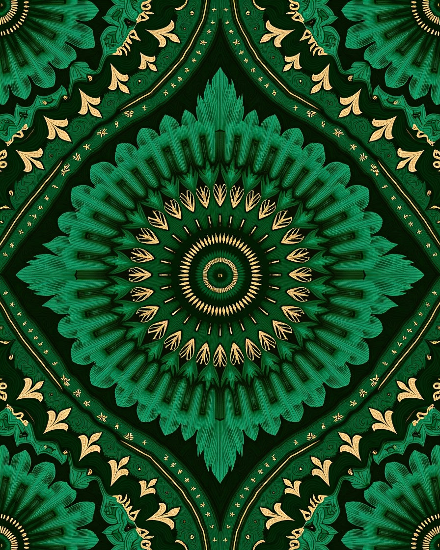 Emerald Green Mandala Floral Medallion Rug