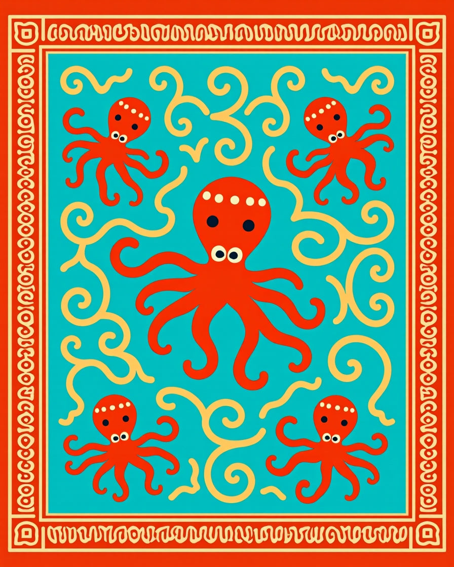 Red Octopus Turquoise Swirls Border Rug