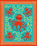 Red Octopus Turquoise Swirls Border Rug