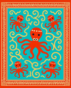 Red Octopus Turquoise Swirls Border Rug
