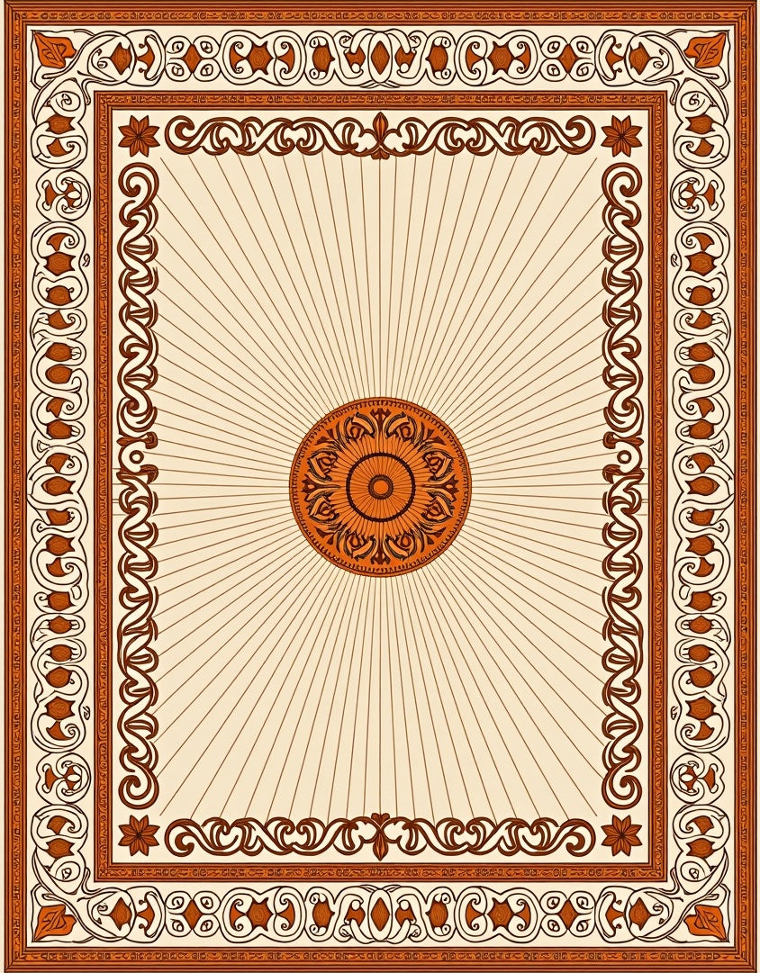 Ornate Sunburst Medallion Brown Border Rug