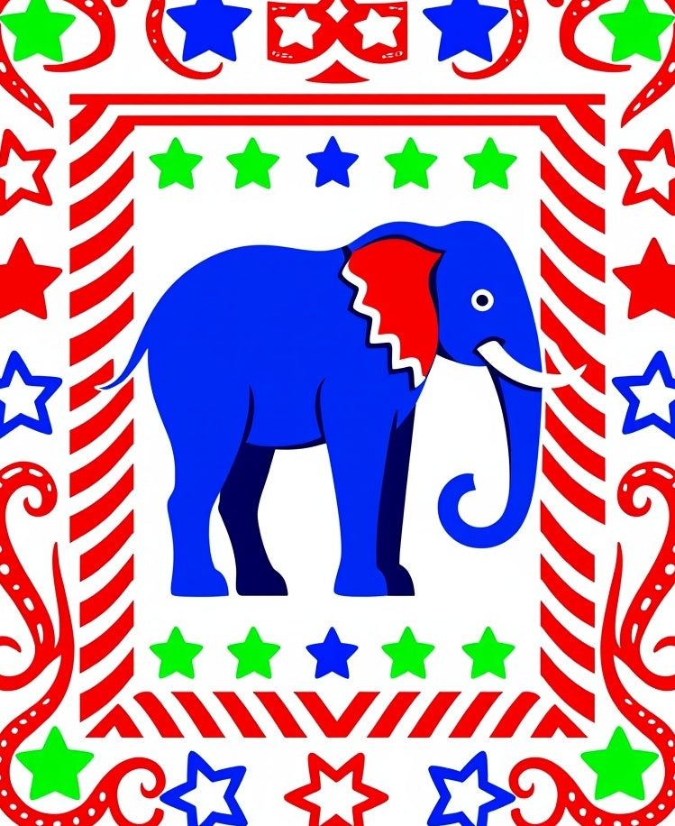 Bold Blue Elephant Red Stars Border Rug