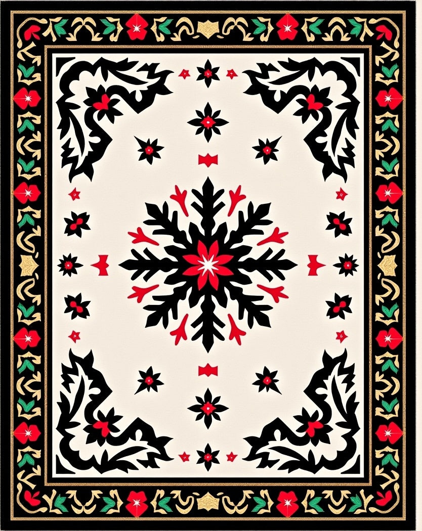Red and Black Floral Snowflake Medallion Rug