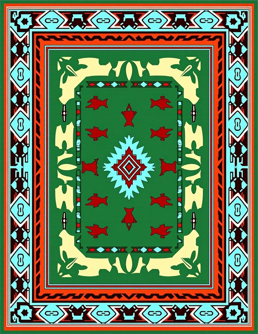 Green Red Fish Geometric Rug