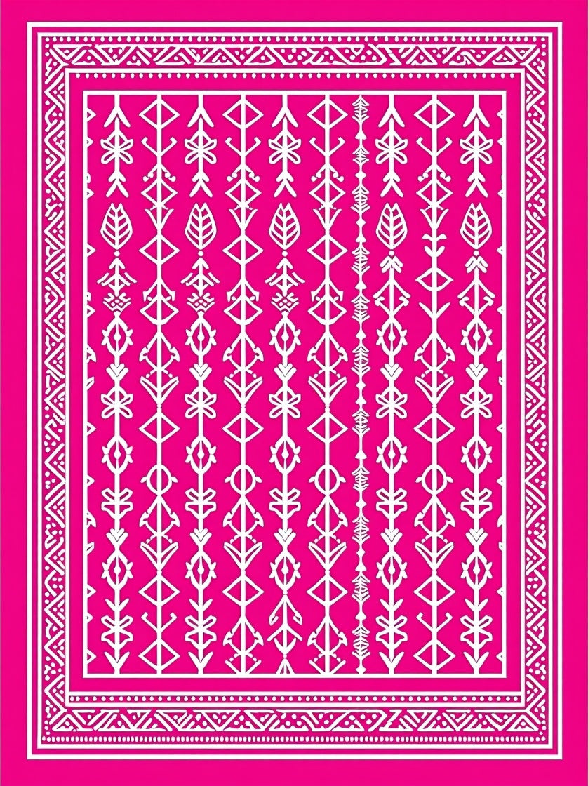 Bright Pink White Tribal Geometric Rug