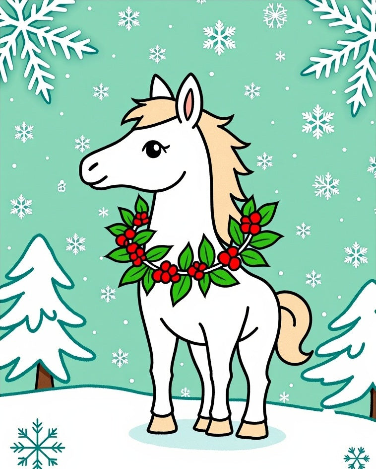 Cute White Horse Winter Holly Wreath Rug