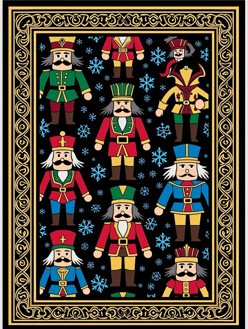 Festive Nutcracker Soldiers Snowflakes Border Rug
