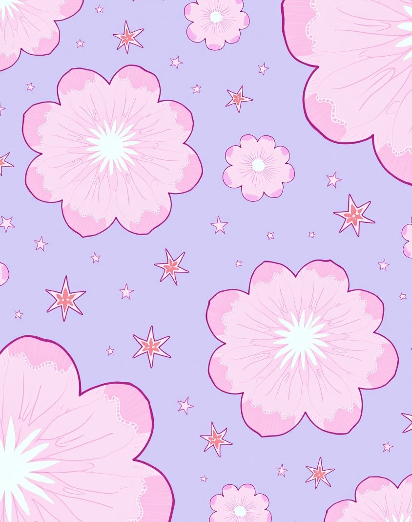Pink Floral Stars on Lavender Background Rug
