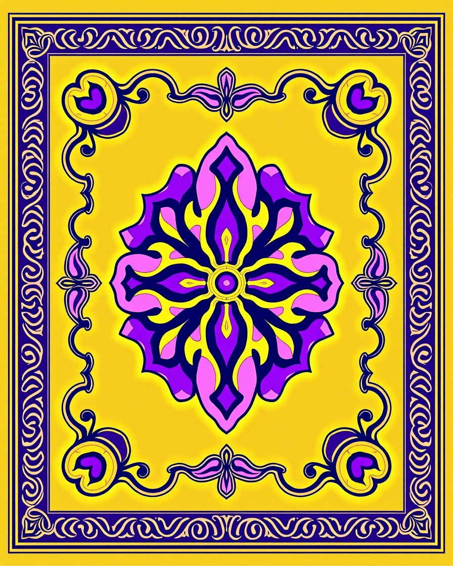 Vivid Yellow Purple Floral Medallion Rug