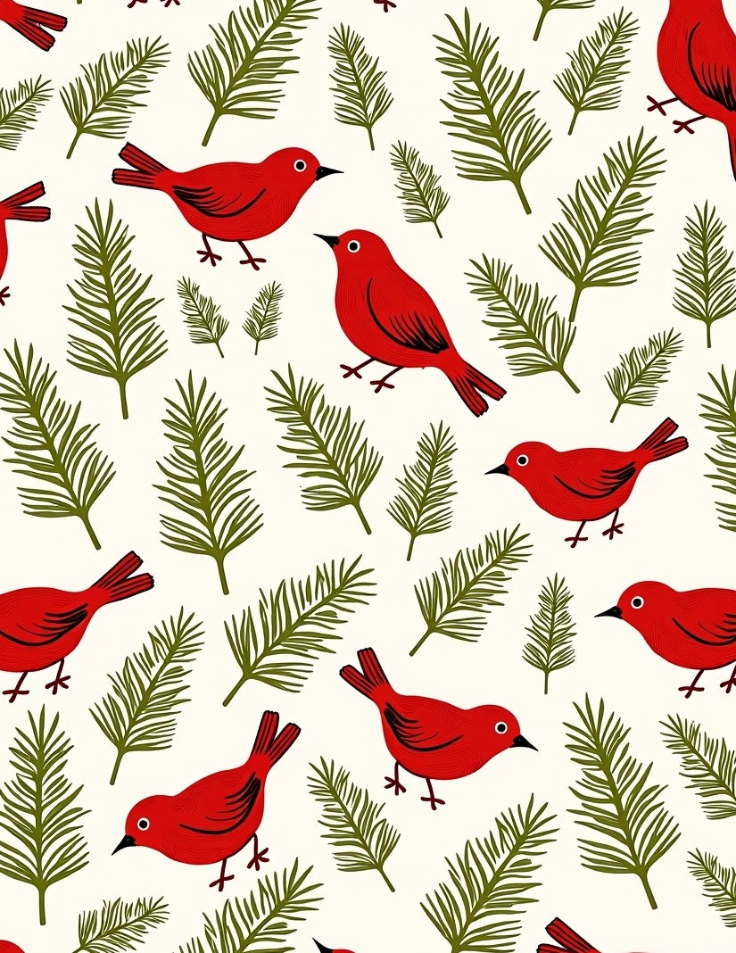 Red Birds and Fern Swirls Rug