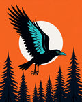 Bold Raven Flying Over Sunset Forest Rug