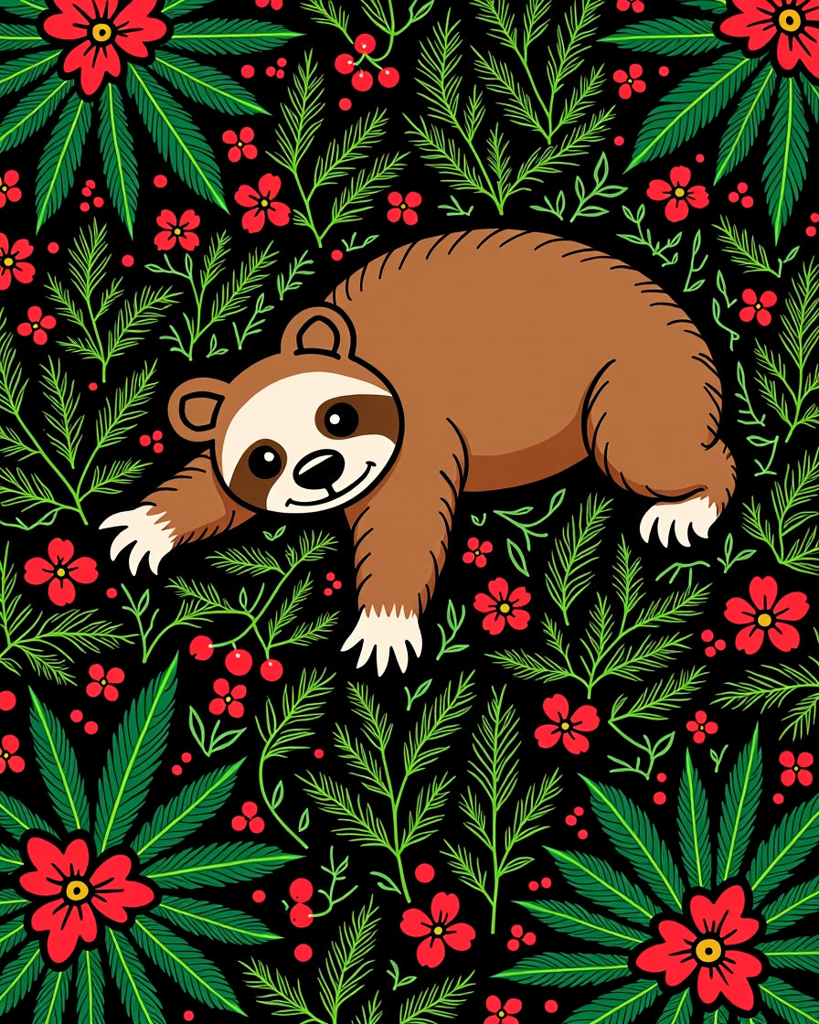 Whimsical Sloth Red Floral Foliage Rug