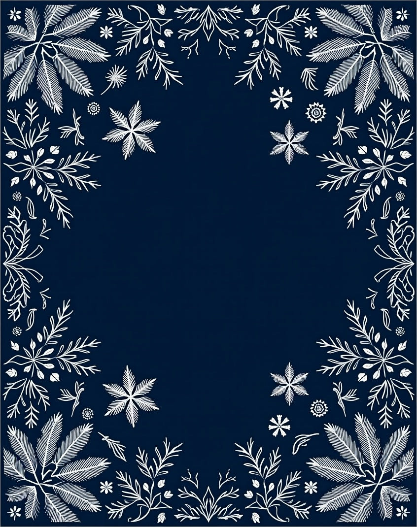 Dark Blue White Winter Floral Border Rug