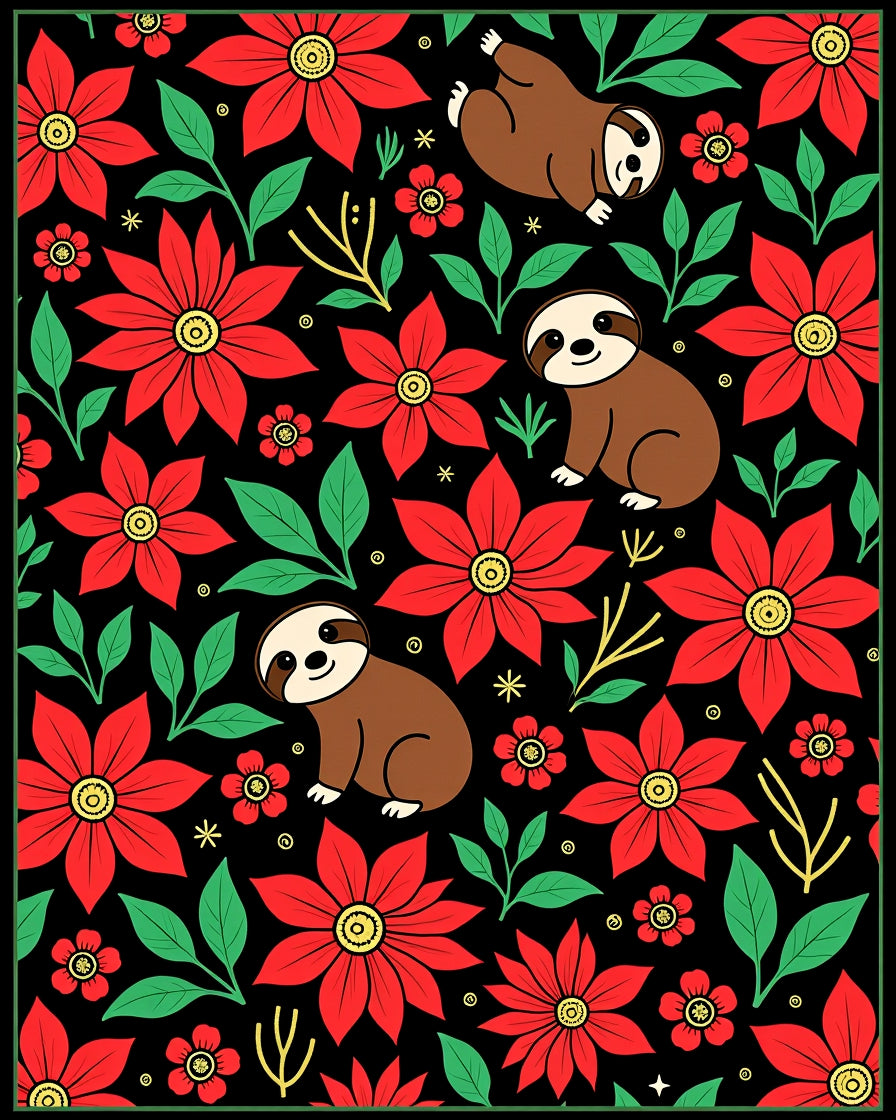 Whimsical Red Flower Sloth Garden Rug