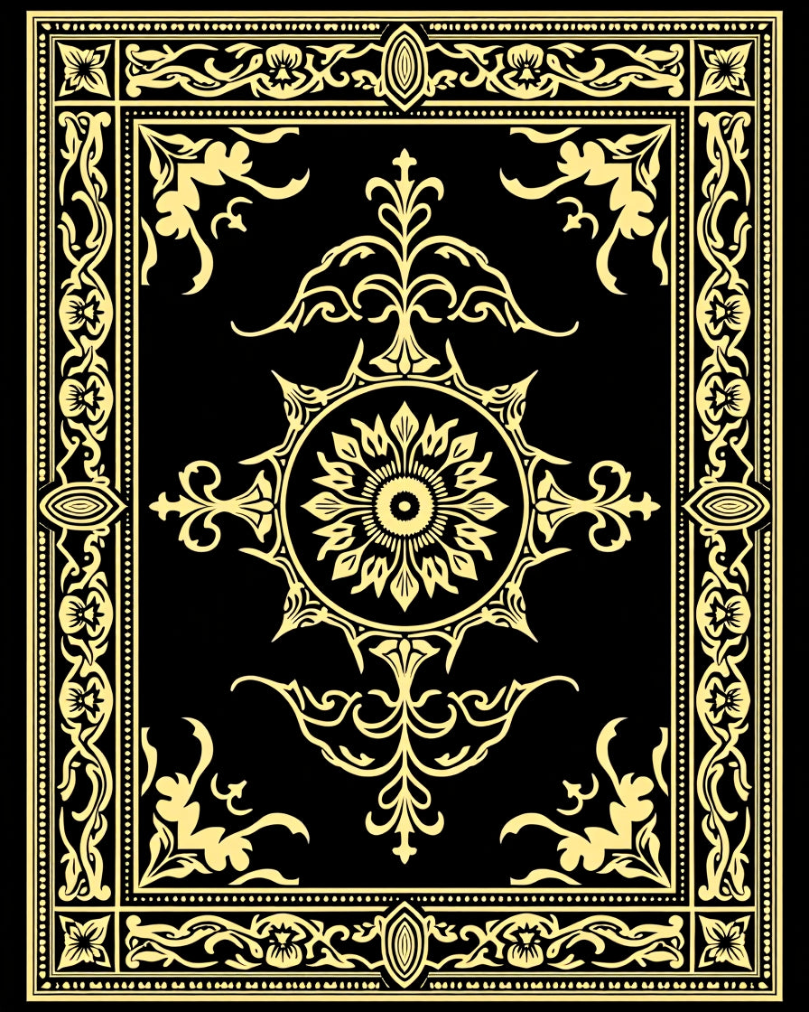 Ornate Gold Floral Medallion Black Rug