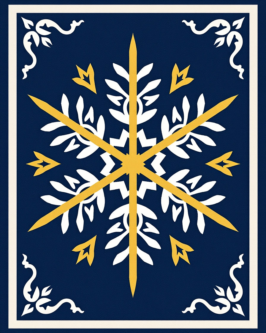 Dark Blue Golden Snowflake Medallion Rug