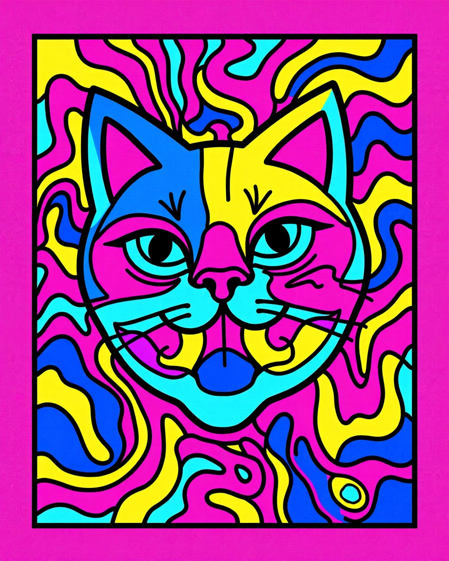 Vibrant Pink Blue Yellow Abstract Cat Rug