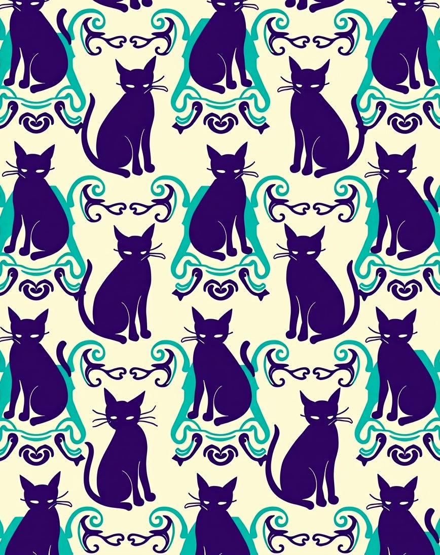 Purple Cats Teal Curls Cream Background Rug