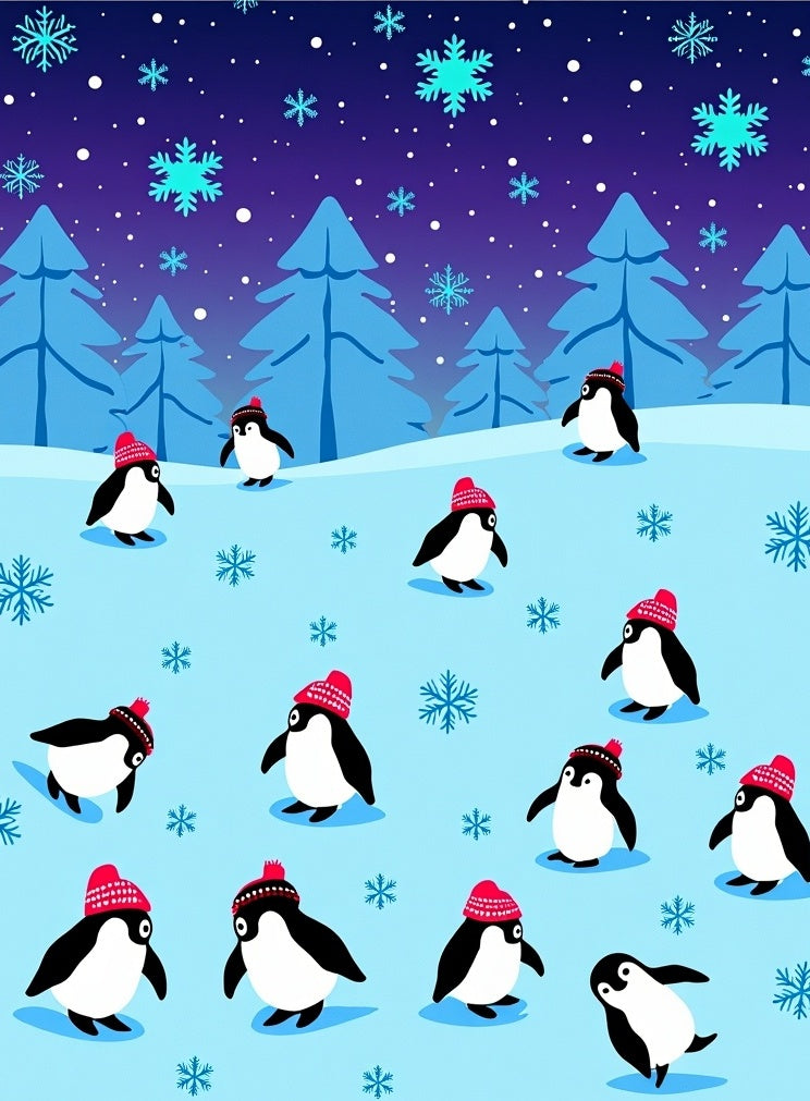 Playful Penguins Winter Snowflakes Scene Rug